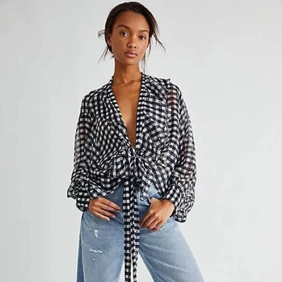 Free People Picnic Plaid Tie Front Gingham Ruffle Top Black‎ White OS NWT - Picture 2 of 7